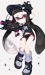  .52_gal_(splatoon) absurdres arm_up bad_id bad_twitter_id black_gloves black_hair black_shirt black_shorts commentary dolphin_shorts female fingerless_gloves full_body gloves highres inkling inkling_girl inkling_player_character pointy_ears red_eyes shirt short_shorts short_sleeves shorts sidelocks solo sparkle splatoon_(series) tentacle_hair unitoon v visor_cap 