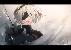  2b_(nier:automata) bad_id bad_pixiv_id black_blindfold black_dress black_hairband blindfold cleavage_cutout closed_mouth clothing_cutout commentary_request covered_eyes dress feather-trimmed_sleeves female hairband holding holding_sword holding_weapon juliet_sleeves kara_namako katana long_sleeves mole mole_under_mouth nier:automata nier_(series) photoshop_(medium) pink_lips puffy_sleeves short_hair sword sword_behind_back upper_body virtuous_contract weapon white_hair 