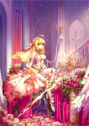  aestus_estus blonde_hair bodysuit breasts chinese_commentary cleavage commentary_request fate/extra fate/extra_ccc fate_(series) female flower green_eyes kira_(artist) medium_breasts nero_claudius_(bride)_(fate) nero_claudius_(fate) rose sitting solo stairs sword weapon 