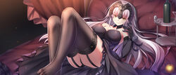  apple ass black_thighhighs blonde_hair bottle breasts commentary_request elbow_gloves fate/grand_order fate_(series) female food fruit garter_straps gloves headpiece highres iro_ame_(amewaagada) jeanne_d&#039;arc_alter_(avenger)_(fate) jeanne_d&#039;arc_alter_(fate) jeanne_d&#039;arc_alter_(holy_night_supper)_(fate) large_breasts long_hair looking_at_viewer lying on_back on_bed panties photoshop_(medium) pillow smile solo thighhighs traditional_media underwear watercolor_pencil_(medium) wine_bottle yellow_eyes 