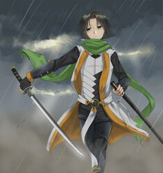  1boy aki_(aki_sh9) alternate_costume armor cloud cloudy_sky commentary_request fingerless_gloves gloves green_eyes green_hair highres katana male_focus photoshop_(medium) rain scarf sky solo summon_night summon_night_3 sword weapon will_martini 