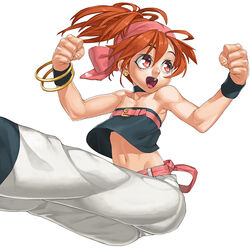  bangle bare_shoulders belt bracelet brown_hair choker clenched_hands commentary_request earrings female flat_chest hairband high_ponytail hip_attack jewelry jumping long_hair looking_to_the_side midriff momoko_(kof) navel open_mouth pants photoshop_(medium) red_eyes solo strapless takoyaki_neko-san the_king_of_fighters the_king_of_fighters_xi tube_top wristband 