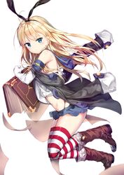  :&lt; absurdres ahoge armpits bare_shoulders black_coat black_hairband black_panties black_ribbon blonde_hair blue_eyes blue_skirt blurry blush book boots breasts brown_footwear buttons closed_mouth coat commentary_request cosplay creator_connection crop_top daitai_sotogawa_(futomomo) depth_of_field dropping elbow_gloves female from_side frown full_body gloves hair_ribbon hairband high_heel_boots high_heels highleg highleg_panties highres holding holding_book kantai_collection legs_together long_hair long_sleeves looking_at_viewer looking_back microskirt midriff o-ring off_shoulder open_clothes open_coat oversized_object panties panty_straps paper parted_bangs pleated_skirt red_thighhighs ribbon sailor_collar school_uniform serafuku shimakaze_(kancolle) shirt simple_background skirt sleeve_cuffs small_breasts solo straight_hair string_panties striped_clothes striped_thighhighs thighhighs thighs underwear v-shaped_eyebrows white_background white_gloves white_shirt white_thighhighs zero_(zero_kara_hajimeru_mahou_no_sho) zero_(zero_kara_hajimeru_mahou_no_sho)_(cosplay) zero_kara_hajimeru_mahou_no_sho 