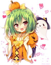  :d blush bow braid choker commentary_request crown_braid female flower_knight_girl food-themed_clothes food-themed_hair_ornament ghost green_hair hair_ornament hairbow heart heart_background highres huei_nazuki open_mouth orange_choker pepo_(flower_knight_girl) pumpkin_hair_ornament red_eyes short_hair smile solo upper_body white_background yellow_bow 