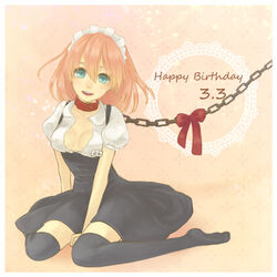  aqua_eyes bad_id bad_pixiv_id birthday black_thighhighs blush borrowed_character breasts chains cleavage collar dated dress female full_body happy_birthday ladybird8n long_hair maid maid_headdress medium_breasts original pink_hair solo takagi_(tansuke) thighhighs 