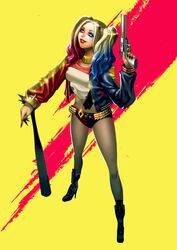  baseball_bat batman_(series) belt blonde_hair breasts dc_comics dccu fingerless_gloves gloves gun harley_quinn high_heels jacket lipstick looking_at_viewer makeup md5_mismatch mowlana nail_polish simple_background single_glove studded_belt suicide_squad twintails weapon 