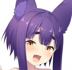  :d animal_ears bare_shoulders blush brown_eyes character_request commentary_request female fox_ears head_tilt long_hair looking_at_viewer mashima_(sumachi) oerba_yun_fang open_mouth otogi_frontier portrait purple_hair sidelocks simple_background smile solo thick_eyebrows white_background 