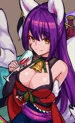  1boy alcohol animal_ears bare_shoulders bottle breast_hold breasts christmas cleavage close-up commentary_request cup daji_(monster_strike) detached_sleeves drinking_glass female fox_ears hei_niao high_heels kitsune large_breasts monster_strike purple_hair red_footwear smile solo_focus table tail thighhighs wine wine_bottle wine_glass yellow_eyes 