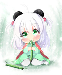  :i absurdres ahoge animal_ears bamboo blush chibi chiwa_(pandaclip) commentary dress eating female green_dress green_eyes grey_pantyhose hair_bobbles hair_ornament highres ikazu401 long_sleeves original panda_ears pandaclip:_the_black_thief pantyhose solo two_side_up white_hair 