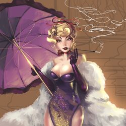  alternate_costume bare_shoulders blonde_hair breasts choker cigarette_holder cleavage dress elbow_gloves eyebrows eyeliner feather_boa female formal gloves hair_ribbon hannah_santos highres large_breasts lips lipstick looking_at_viewer makeup parasol purple_dress purple_eyes purple_gloves ribbon ribbon_choker short_hair smoking solo strapless strapless_dress touhou umbrella yakumo_yukari 