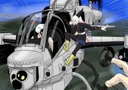  2boys ah-1z_viper aircraft bald_eagle_(kemono_friends) blood commentary_request falling female helicopter highres kemono_friends military military_uniform multiple_boys pantyhose pilot_helmet pilot_suit shinkaisoku uniform united_states_marine_corps 