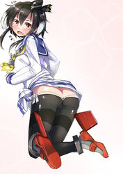  ankle_boots ass black_hair black_pantyhose blush boots brown_eyes brown_hair butt_crack commentary_request dress female from_behind gaichi gradient_background hat high_heel_boots high_heels kantai_collection kneeling looking_at_viewer looking_back lowleg lowleg_pantyhose mini_hat multicolored_hair open_mouth panties pantyhose pink_background sailor_dress seamed_legwear shirt short_hair short_hair_with_long_locks side-seamed_legwear solo tied_shirt tokitsukaze_(kancolle) trefoil underwear 