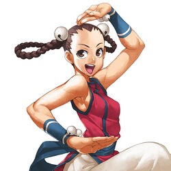  bare_shoulders bell black_hair blush bracer braid braided_hair_rings breasts brown_eyes brown_hair chinese_clothes commentary_request dress fatal_fury female fighting_stance hair_bell hair_ornament hair_rings li_xiangfei long_hair open_mouth photoshop_(medium) sash small_breasts smile solo standing standing_on_one_leg takoyaki_neko-san the_king_of_fighters twin_braids upper_body 