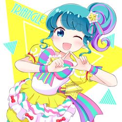  ;d blue_eyes blue_hair bow check_(check_book) dress female hair_ornament hair_ribbon layered_dress one_eye_closed open_mouth pinon_(pripara) pretty_series pripara puffy_short_sleeves puffy_sleeves ribbon short_sleeves side_ponytail sidelocks smile solo star_(symbol) star_hair_ornament striped striped_ribbon triangle wand wrist_ribbon 