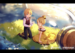  1boy aged_down allen_avadonia bare_arms bare_shoulders black_necktie blonde_hair blue_eyes blurry blush bottle brother_and_sister brown_footwear collarbone commentary cork corked_bottle daisy depth_of_field dress evillious_nendaiki female flat_chest flower frilled_dress frills grass hair_bun hair_ornament hairclip highres hmniao holding holding_bottle in_bottle in_container kagamine_len kagamine_rin kneeling letterboxed light_particles message_in_a_bottle necktie ocean off-shoulder_dress off_shoulder paper photoshop_(medium) regret_message_(vocaloid) riliane_lucifen_d&#039;autriche shirt shoes short_hair siblings single_hair_bun sleeveless sleeveless_blazer sleeveless_dress smile song_name sparkle sparkle_background sunset twilight twins vocaloid white_flower white_shirt yellow_dress 