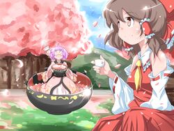  2girls :d ahoge ascot blue_sky blush_stickers brown_eyes brown_hair cherry_blossoms choko_(cup) commentary_request cup day detached_sleeves floating glint grass hair_ribbon hair_tubes hakurei_reimu hanami hill in_bowl in_container japanese_clothes kikurage_(sugi222) kimono levitation light_purple_hair looking_up mini_person minigirl multiple_girls needle open_mouth outdoors petals ribbon ribbon-trimmed_sleeves ribbon_trim skirt skirt_set sky smile sukuna_shinmyoumaru touhou tree 