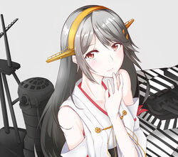  bad_id bad_pixiv_id bare_shoulders black_hair brown_eyes commentary_request detached_sleeves female hair_ornament hairband hairclip haruna_(kancolle) headgear highres japanese_clothes kantai_collection long_hair nontraditional_miko ribbon-trimmed_sleeves ribbon_trim solo suu2510 