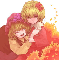  2girls aki_minoriko aki_shizuha blonde_hair closed_eyes commentary_request food food-themed_clothes fruit grapes hair_ornament hat leaf leaf_hair_ornament leaf_on_head long_sleeves ma_nyan_(nyao_mao_nyao) multiple_girls open_mouth short_hair siblings sisters smile touhou yellow_eyes 