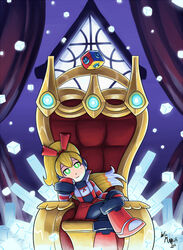  bad_id bad_tumblr_id blonde_hair boots call_(mighty_no._9) call_f crossed_legs female green_eyes hair_ribbon head_rest high_collar knee_boots long_hair mighty_no._9 ponytail ribbon robot robot_ears sitting smile solo striped_sleeves throne wide_mouth_ink 