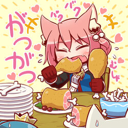  +++ 3girls 7th_dragon 7th_dragon_(series) :d animal_ear_fluff animal_ears beige_background belt belt_buckle blue_hair blue_jacket blush boned_meat bowl buckle cartoon_bone cat_ears chair check_commentary chicken_(food) chicken_leg closed_eyes commentary_request crown eating facing_viewer fighter_(7th_dragon) flying_sweatdrops food gloves hair_between_eyes hair_bobbles hair_ornament harukara_(7th_dragon) head_tilt heart holding holding_food ikurakun_(7th_dragon) jacket long_sleeves mage_(7th_dragon) meat mini_crown momomeno_(7th_dragon) multiple_girls naga_u oerba_yun_fang on_chair one_side_up open_mouth out_of_frame pink_hair plate princess_(7th_dragon) red_gloves sitting smile solo_focus sweatdrop table translated white_belt white_hair 