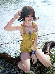  3d belt_boots boots breasts brown_footwear brown_hair cleavage dress female final_fantasy final_fantasy_viii full-length_zipper green_eyes highres incise_soul knee_boots legs m-rs medium_breasts no_bra panties selphie_tilmitt short_dress short_hair sitting smile solo underwear upskirt wariza white_panties yellow_dress zipper zipper_dress 