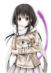  black_hair buttons commentary_request double-breasted feline female iki_hiyori jacket long_hair looking_at_viewer noragami pink_eyes pleated_skirt scarf simple_background skirt smile solo u_u_(mooooooou) white_background 