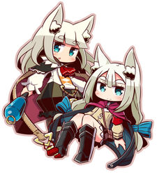  2girls 7th_dragon 7th_dragon_(series) 7th_dragon_2020 :o animal_ear_fluff animal_ears armband armored_boots black_cape black_footwear black_skirt blue_bow blue_cape blush boots bow brown_cape brown_jacket brown_outline bubble_skirt cape chibi chitrine_(7th_dragon) closed_mouth commentary_request fox_ears hair_between_eyes hairbow holding holding_wand ikurakun_(7th_dragon) jacket knee_boots long_hair long_sleeves looking_at_viewer lucier_(7th_dragon) mage_(7th_dragon) multicolored_cape multicolored_clothes multiple_girls naga_u parted_lips pleated_skirt red_neckwear shirt skirt sleeves_past_wrists smile striped_bow striped_clothes striped_skirt thick_eyebrows vertical-striped_clothes vertical-striped_skirt very_long_hair wand white_background white_hair white_shirt 