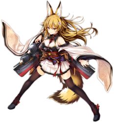  animal_ears azur_lane bare_shoulders black_thighhighs blonde_hair bow breasts detached_sleeves dress female floating_hair floral_print flower fox_ears fox_tail full_body grey_footwear hair_between_eyes hair_flower hair_ornament jianren legs_apart long_hair long_sleeves machinery medium_breasts obi official_art open_mouth pleated_dress retrofit_(azur_lane) sash sendai_(azur_lane) serious short_dress solo tachi-e tail thighhighs transparent_background tsurime turret white_dress white_flower wide_sleeves yellow_eyes zettai_ryouiki 