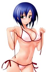  artist_request bare_shoulders bikini blue_hair breasts cleavage female green_eyes groin highres kashiwagi_haruko large_breasts light_smile looking_at_viewer muv-luv muv-luv_alternative navel scan short_hair side-tie_bikini_bottom simple_background solo string_bikini swimsuit untied white_background white_bikini 