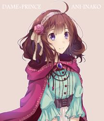  ahoge ani_inako blue_eyes brooch brown_hair cape character_name commentary_request copyright_name dame_x_prince female flower hair_flower hair_ornament headdress hood hood_down jewelry nanahi_tsubaki short_hair smile solo 