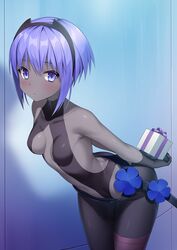  arms_behind_back ass bare_shoulders belt black_gloves black_leotard blush box breasts butt_crack closed_mouth colored_skin commentary_request cowboy_shot dark-skinned_female dark_skin fate/prototype fate/prototype:_fragments_of_blue_and_silver fate_(series) female gift gift_box gloves grey_skin hair_between_eyes hairband hassan_of_serenity_(fate) holding holding_gift leaning_forward leggings leotard looking_at_viewer mashima_(sumachi) purple_eyes purple_hair sidelocks small_breasts solo 