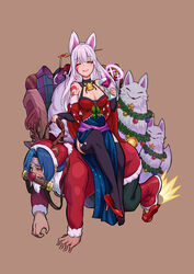  1boy assertive_female breasts christmas christmas_ornaments commentary_request cup daji_(monster_strike) drinking_glass female femdom fox gift hei_niao high_heels highres human_chair human_furniture kitsune monster_strike one_eye_closed open_mouth red_footwear shoe_dangle shoes single_shoe sitting sitting_on_person straight tail thighhighs white_hair wine_glass yellow_eyes 