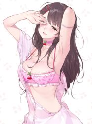  armpits bad_id bad_pixiv_id blush bra breasts brown_eyes brown_hair buttons cherry choker cleavage female food fruit hair_ornament hairclip highres long_hair looking_at_viewer medium_breasts one_eye_closed original parted_lips pink_bra pink_shirt shirt simple_background smile solo tonito underwear white_background 