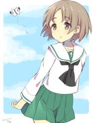  bad_id bad_pixiv_id black_neckerchief blouse brown_eyes brown_hair bug butterfly cowboy_shot female girls_und_panzer green_skirt long_sleeves looking_at_another maruyama_saki miniskirt neckerchief ooarai_school_uniform pleated_skirt school_uniform serafuku shimamizu_eke shirt short_hair skirt solo standing white_shirt 