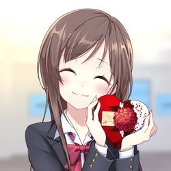  black_jacket blazer blurry blurry_background blush bow bowtie box brown_hair closed_eyes commentary_request female fujiya_takao gift gift_box head_tilt heart-shaped_box highres holding holding_box iwamotochou_geinousha jacket long_hair official_art red_bow red_bowtie school_uniform shirafuji_tamaki shirt smile solo uniform upper_body valentine virtual_youtuber white_shirt 