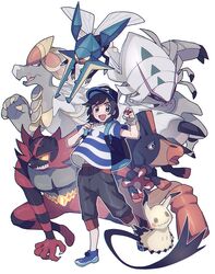  1boy :d asari_(ikite_oshi) backpack bad_id bad_twitter_id bag baseball_cap black_hair black_headwear blush bracelet capri_pants commentary_request elio_(pokemon) golisopod grey_eyes hat highres holding holding_poke_ball holding_strap incineroar jewelry kommo-o looking_at_viewer male_focus mimikyu mudsdale open_mouth outline pants poke_ball poke_ball_(basic) pokemon pokemon_(creature) pokemon_sm shirt shoes short_sleeves smile striped_clothes striped_shirt tongue vikavolt white_background 