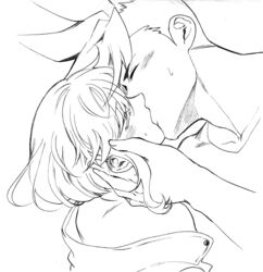  2boys asymmetrical_hair bae_(baebae) blush closed_eyes face_grab galo_thymos graphite_(medium) greyscale highres kissing lio_fotia male_focus monochrome multiple_boys off_shoulder promare short_hair_with_long_locks sidecut sweatdrop traditional_media undercut yaoi 