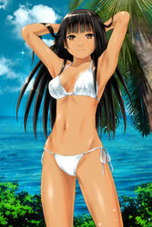  ano_hito armpits arms_behind_head bad_id bad_pixiv_id bikini black_hair blue_sky breasts brown_eyes cloud commentary_request cowboy_shot day female halterneck long_hair medium_breasts navel ocean original outdoors palm_tree side-tie_bikini_bottom sky solo string_bikini swimsuit tan tree white_bikini 