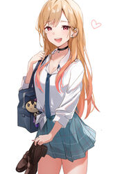  absurdres bag barbell_piercing black_collar blonde_hair blue_bag blue_skirt brown_footwear collar collared_shirt commentary ear_piercing female gradient_hair gyaru heart highres hikari_yui holding holding_clothes holding_footwear industrial_piercing jewelry kitagawa_marin kogal loafers long_hair long_sleeves miniskirt multicolored_hair necktie open_mouth piercing plaid plaid_skirt pleated_skirt red_eyes red_hair ring school_bag school_uniform shirt shoes skirt solo sono_bisque_doll_wa_koi_wo_suru swept_bangs uniform white_shirt 