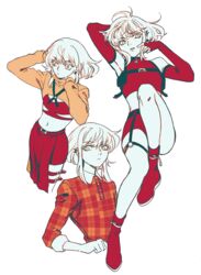  3boys alternate_costume androgynous bae_(baebae) crop_top detached_sleeves garter_straps harness highres limited_palette lio_fotia loincloth male_focus midriff multiple_boys navel otoko_no_ko pelvic_curtain plaid promare shirt_belt shrug_(clothing) thigh_strap 