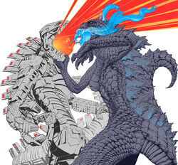  2girls absurdres animal_hands battle blue_eyes blue_fire blue_hair blue_skin breasts claws clenched_teeth colored_sclera colored_skin completely_nude cowboy_shot dandagouglas duel english_commentary fiery_hair fire flaming_head godzilla godzilla_(monsterverse) godzilla_(series) godzilla_vs._kong grey_scales hands_up highres humanoid_robot kaijuu king_kong_(series) lizard_tail looking_at_another mechagodzilla mechagodzilla_(monsterverse) monster_girl monsterverse multiple_girls nude open_mouth orange_eyes orange_skin personification reptile_girl robot scales sharp_teeth simple_background small_breasts spines standing tail teeth white_background 