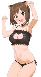  :d absurdres animal_ears animal_print arm_up armpits black_bra black_panties blush bra breasts brown_hair cat_cutout cat_ear_panties cat_ears cat_lingerie cat_print cleavage_cutout clothing_cutout fake_animal_ears female green_eyes hand_up highres idolmaster idolmaster_cinderella_girls large_breasts looking_at_viewer maekawa_miku meme_attire navel oerba_yun_fang onao panties short_hair side-tie_panties simple_background smile solo stomach underwear underwear_only white_background 