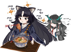  2girls animal_ears arknights black_coat black_hair black_kimono bowl brown_eyes chopsticks coat dog_ears dog_girl dragon_girl dragon_horns dusk_(arknights) eating facial_mark food forehead_mark hair_over_one_eye highres holding holding_chopsticks horns infection_monitor_(arknights) japanese_clothes kimono long_sleeves multiple_girls necktie pointy_ears red_necktie ryu_(17569823) saga_(arknights) simple_background white_background wide_sleeves 