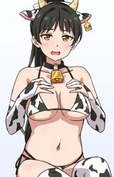  animal_ears animal_print bare_shoulders bell bikini black_hair breasts collarbone cow_ears cow_horns cow_print cow_print_bikini cowbell ear_tag elbow_gloves fake_animal_ears fake_horns female gloves hazuki_ren high_ponytail horns jewelry large_breasts light_blush long_hair looking_at_viewer love_live! love_live!_superstar!! navel neck_bell open_mouth partially_fingerless_gloves ponytail print_bikini ring sitting solo swimsuit thighhighs turkey_min white_background yellow_eyes 