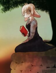  absurd_res anthro book bovid caprine clothing cobblestone deedoss dress eyewear female glasses hand_on_leg hand_on_thigh hi_res looking_at_viewer mammal reading reading_book shaded sheep simple_background simple_shading sitting sitting_on_ground sitting_on_wall smile soft_lighting solo stripes sunset 