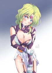  blue_eyes blush breasts circlet cleavage female gloves green_hair groin haou_taikei_ryuu_knight highres large_breasts long_hair looking_at_viewer nori_(norimakigumo) paffy_pafuricia simple_background solo sweatdrop thighhighs 