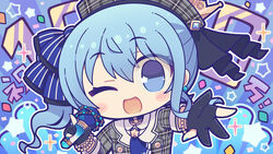  ;d beckoning beret black_gloves blue_eyes blue_hair blue_ribbon blush chibi chibi_only crown female gloves grey_hat hair_between_eyes hair_ribbon hat holding holding_microphone hololive hoshikuzu_no_yoru hoshimachi_suisei hoshimachi_suisei_(1st_costume) looking_at_viewer medium_hair microphone milestone_celebration one_eye_closed open_mouth partially_fingerless_gloves plaid_headwear reaching reaching_towards_viewer ribbon side_ponytail sidelocks smile solo star_(symbol) star_in_eye symbol_in_eye virtual_youtuber 