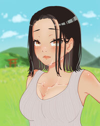  absurdres architecture bad_id bad_pixiv_id black_hair blue_sky blush breasts cleavage collarbone east_asian_architecture female grass grassy grey_tank_top highres hill hotaruikaumaine looking_at_viewer original outdoors plain sky sleeveless solo summer sweat tank_top torii yellow_eyes 