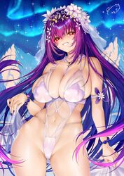  aurora bead_bracelet beads bracelet breasts brooch cleavage fate/grand_order fate_(series) female flower hair_flower hair_ornament heart heart_brooch highres jewelry large_breasts mountain night night_sky obiwan one-piece_swimsuit purple_hair red_eyes scathach_(fate) scathach_skadi_(swimsuit_ruler)_(fate) scathach_skadi_(swimsuit_ruler)_(third_ascension)_(fate) skirt_hold sky smile solo star_(sky) swimsuit veil weisuoxin white_flower white_one-piece_swimsuit 