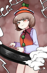  absurdres blush breasts brown_background brown_eyes brown_hair character_watermark closed_mouth cloud collared_vest commentary_request cowboy_shot female frilled_hat frilled_sleeves frilled_vest frills hat hat_ornament highres instrument keyboard_(instrument) long_sleeves looking_at_viewer lyrica_prismriver musical_note no_pants red_hat red_vest rinyamame shirt short_hair small_breasts smile solo star_(symbol) star_hat_ornament touhou vest white_shirt 